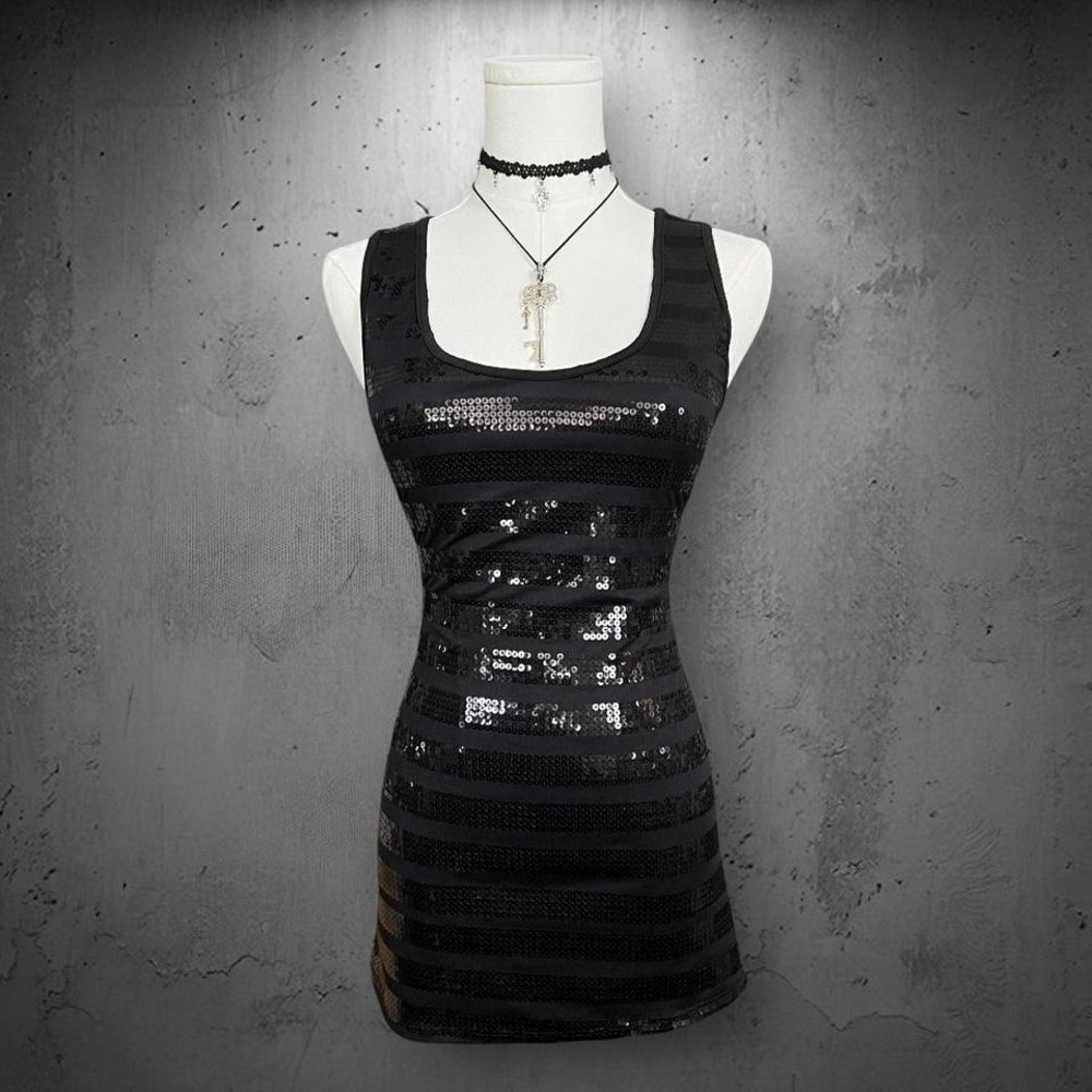 Vintage 90s Lipstick Y2K Sequin Striped Tank Top Large Black Glam Clubwear